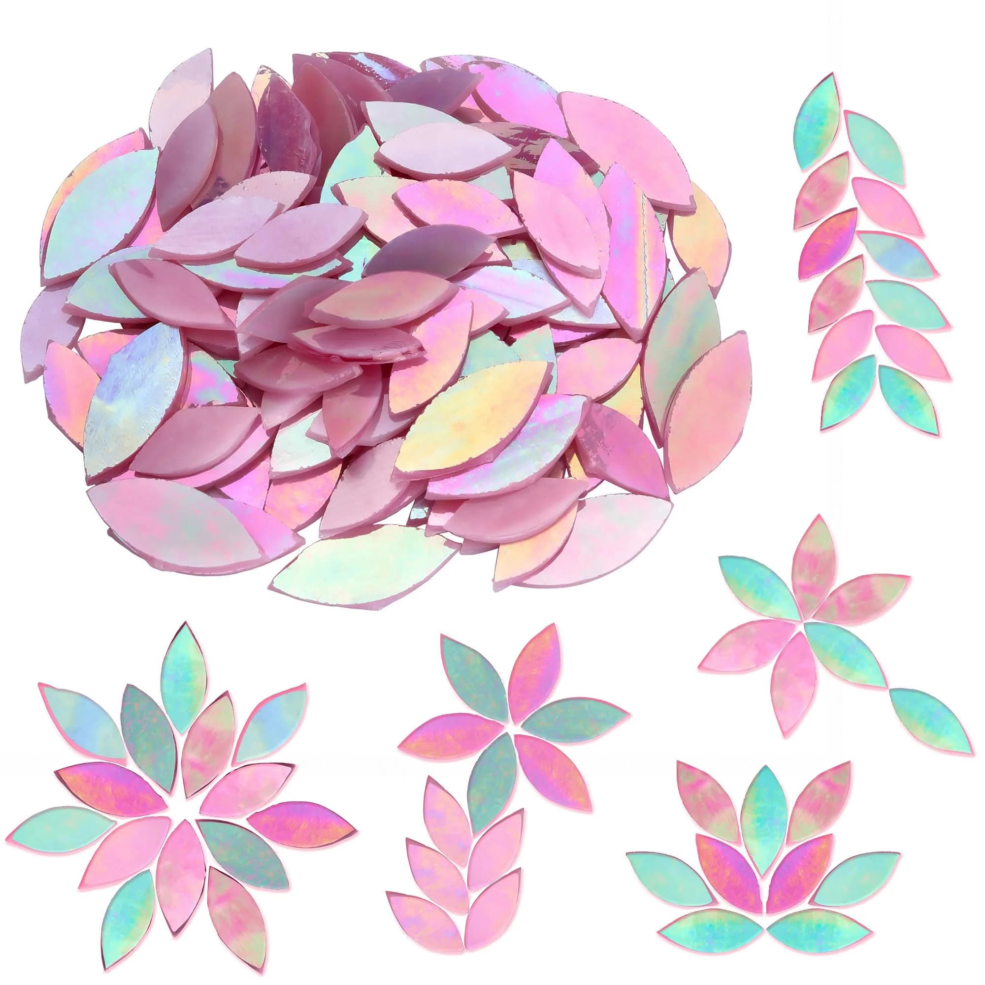 Yoption Iridescent Glass Petal Mosaic Tiles 100 Pieces | Hand-Cut White for Crafts & Home Decor — Iridescent Pink