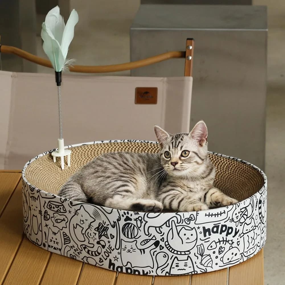 ARGOPET Oval Cat Scratcher Bed with Toy 43cm (17in) | Curved Design for Spine Support
