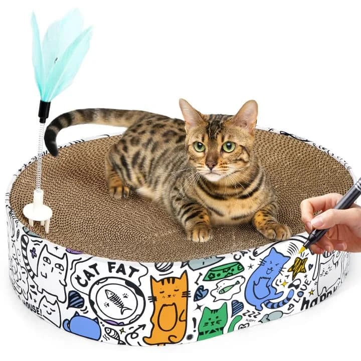 ARGOPET Oval Cat Scratcher Bed with Toy 43cm (17in) | Curved Design for Spine Support thumbnail 2