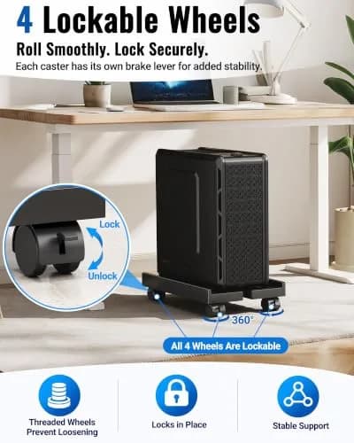 Hovadova Adjustable Computer Tower Stand Black | Ventilated Mobile CPU Holder with Locking Wheels thumbnail 8