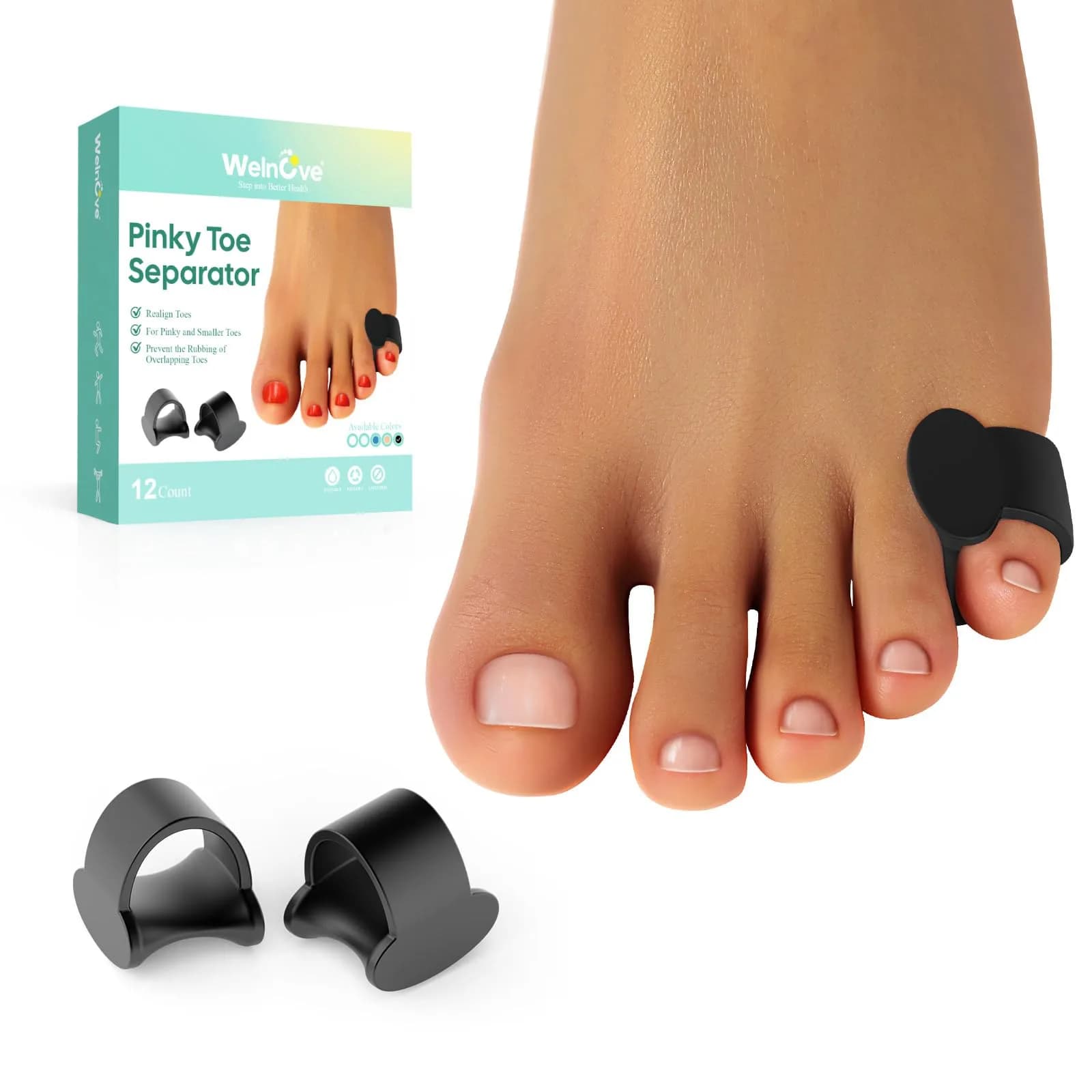 Welnove Pinky Toe Separator, 12 Pcs Black Gel Toe Spacers for Feet, Bunions, Overlapping Toes, Unisex, 1 Pack | Realign & Relieve Pressure