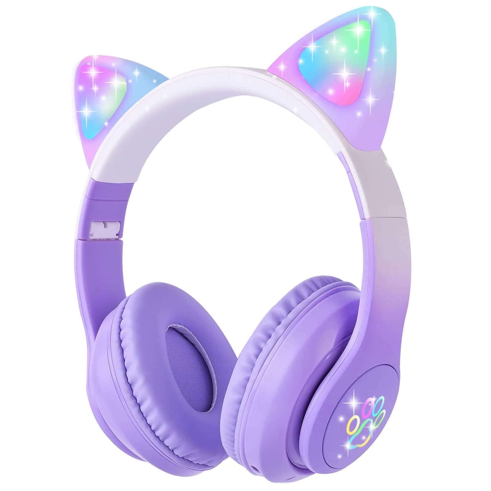 HOYJACY Kids Bluetooth Headphones with LED Cat Ears | Wireless & Wired, Foldable, 40mm Stereo, Microphone, Purple — Purple