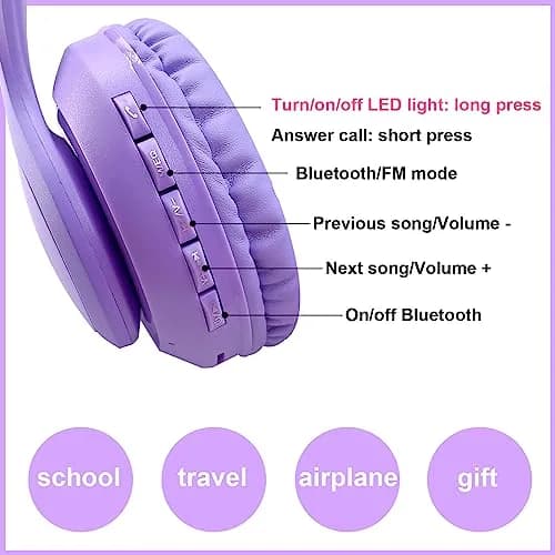HOYJACY Kids Bluetooth Headphones with LED Cat Ears | Wireless & Wired, Foldable, 40mm Stereo, Microphone, Purple thumbnail 4
