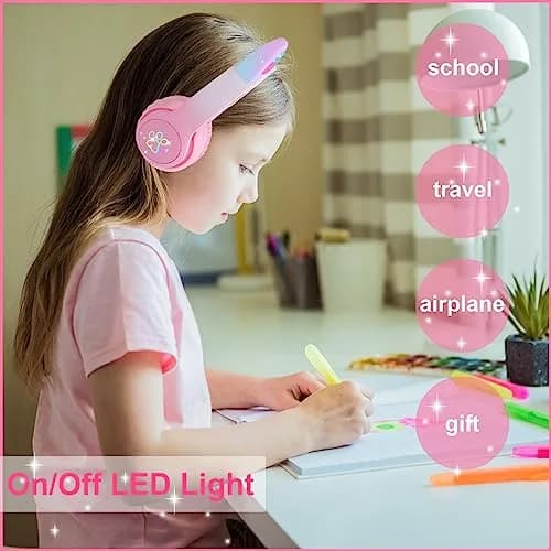 HOYJACY Cat Ear Kids Bluetooth Headphones Pink | LED Light Up Wireless & Wired Kids Headphones with Microphone thumbnail 2