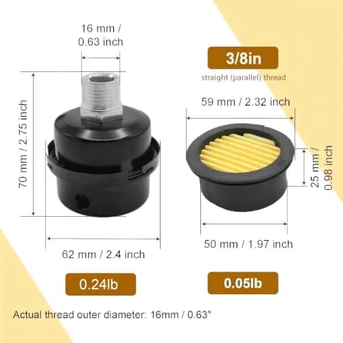 Joyangy 2-Pack 3/8" Straight Thread Air Compressor Intake Filter Silencer Muffler, 16mm Metal Filter Element thumbnail 2