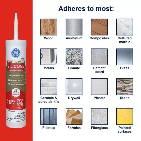 GE Advanced Silicone 2 Kitchen & Bathroom Caulk, White, 10 fl oz Cartridge, 12 Pack | Waterproof Sealant with 5X Stronger Adhesion thumbnail 9