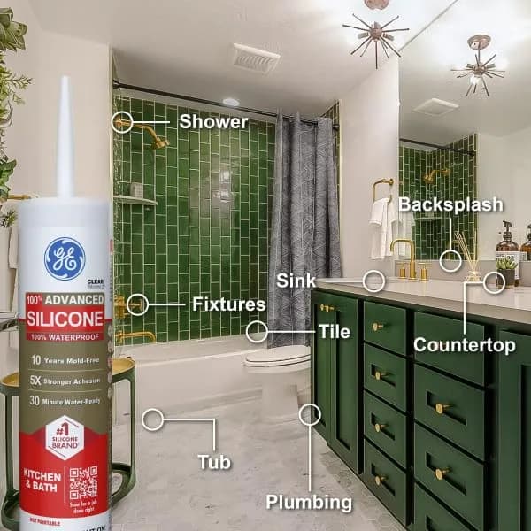 GE Advanced Silicone 2 Kitchen & Bathroom Caulk, White, 10 fl oz Cartridge, 12 Pack | Waterproof Sealant with 5X Stronger Adhesion thumbnail 10