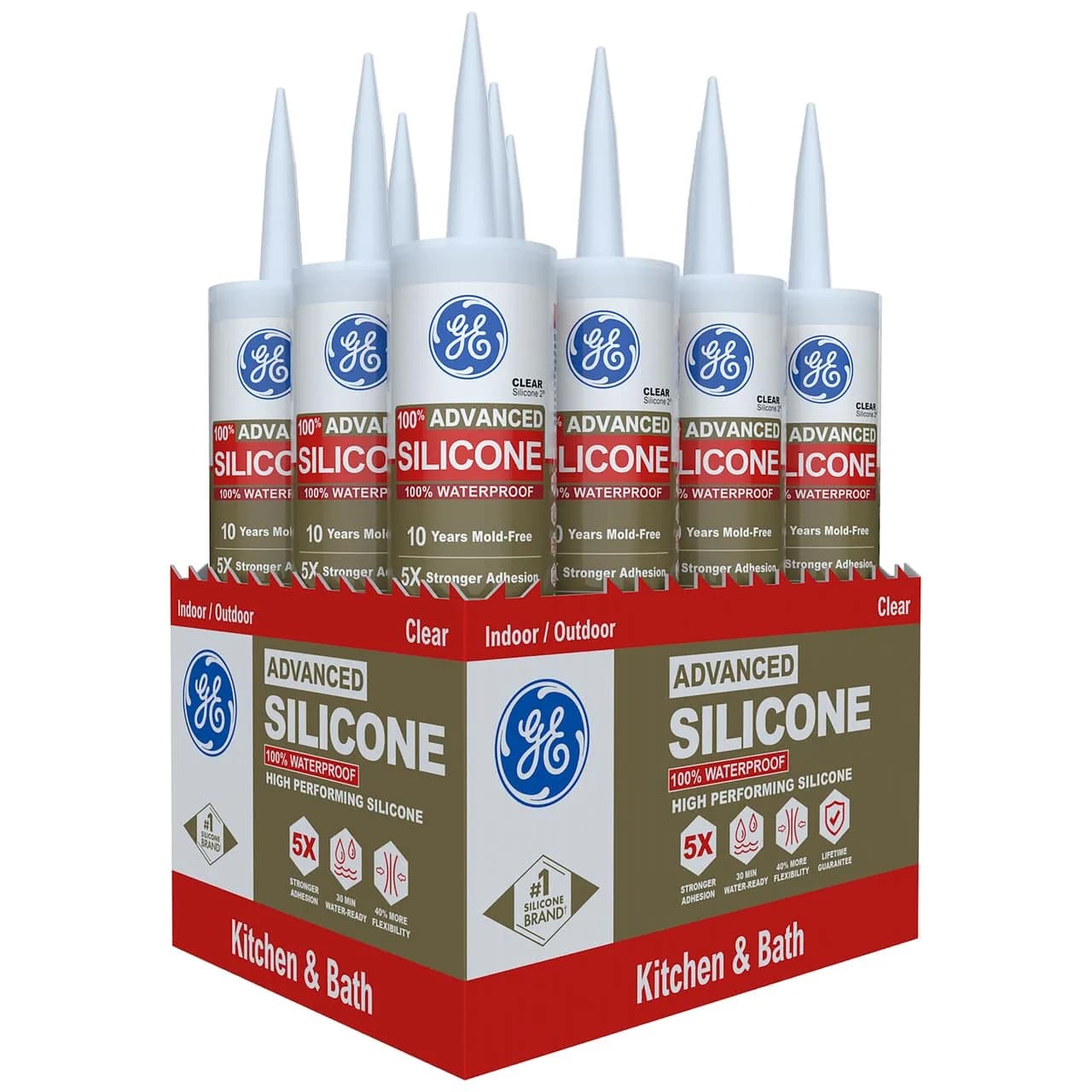 GE Advanced Silicone Caulk for Kitchen & Bathroom, Clear, 10 fl oz (296ml) Cartridge, 12 Pack | 5X Stronger Adhesion