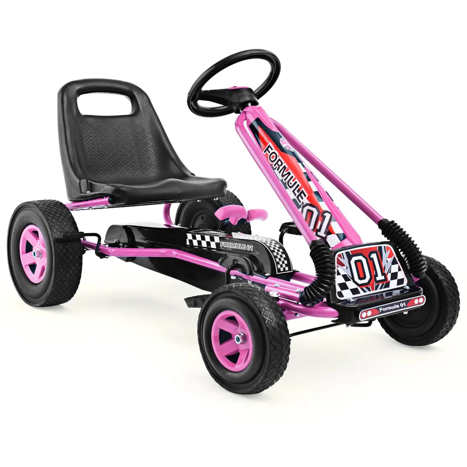 HONEY JOY Go Kart for Kids 4 Wheel Off-Road Pedal Ride On | Adjustable Seat & Safety — Pink / 40" x 24" x 24.5"