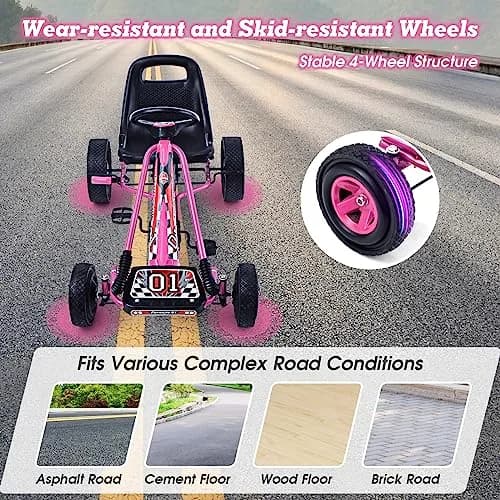 HONEY JOY Go Kart for Kids 4 Wheel Off-Road Pedal Car Pink | Adjustable Seat & Safety Brakes thumbnail 6