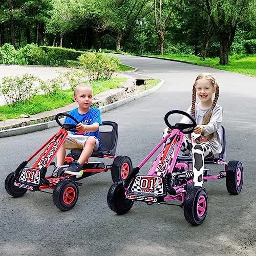 HONEY JOY Go Kart for Kids 4 Wheel Off-Road Pedal Car Pink | Adjustable Seat & Safety Brakes thumbnail 2