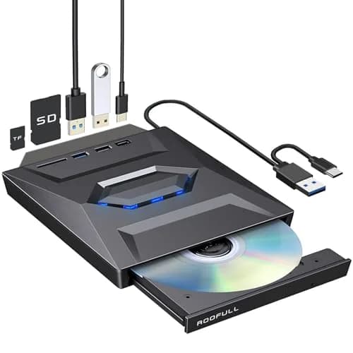 ROOFULL External CD DVD Drive with USB 3.0 Type-C Hub & SD Card Reader, 15.6cm (5.5in) | Reads & Burns CDs/DVDs, Expands Laptop Ports thumbnail 1