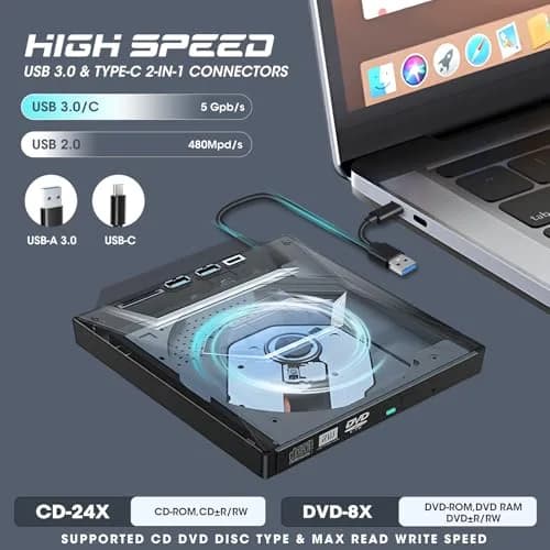 ROOFULL External CD DVD Drive with USB 3.0 Type-C Hub & SD Card Reader, 15.6cm (5.5in) | Reads & Burns CDs/DVDs, Expands Laptop Ports thumbnail 3