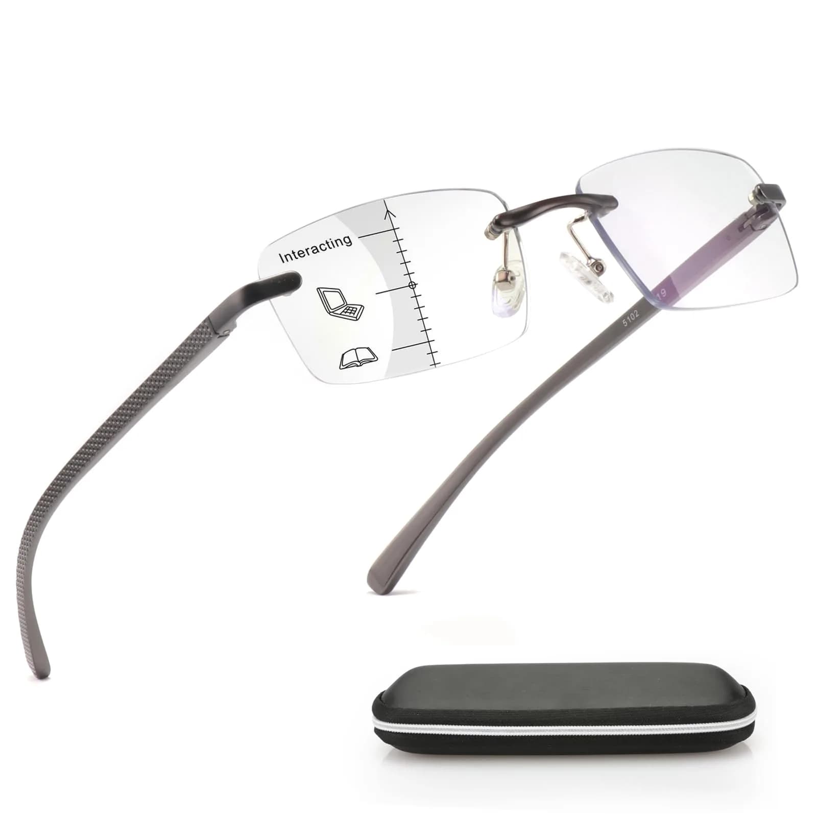 Missfive Premium Aluminum Progressive Multifocus Reading Glasses 147mm (5.75 in) | Blue Light Blocking, Rimless Metal Readers — 2.25 Diopters