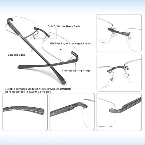 Missfive Premium Aluminum Progressive Multifocus Reading Glasses 2.25 Diopters (2.25x) | Blue Light Blocking, Rimless Metal Readers thumbnail 6