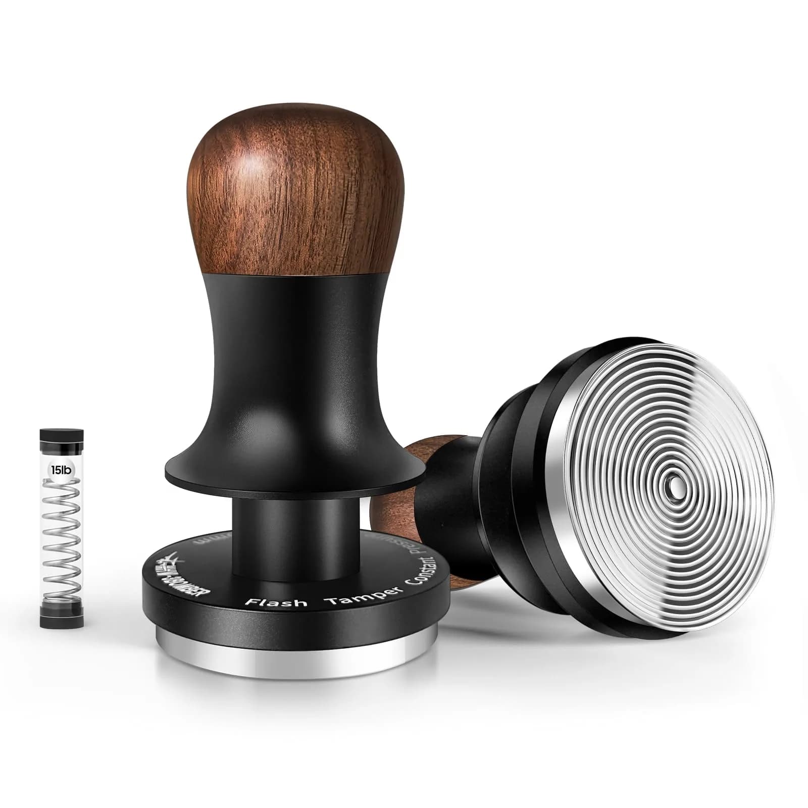 MHW-3BOMBER 53.35mm Espresso Coffee Tamper with Three Spring Loaded Calibrated Espresso Tamper 30lbs | Titanium Coating Black — Metal Color Ripple Base / 53.35mm