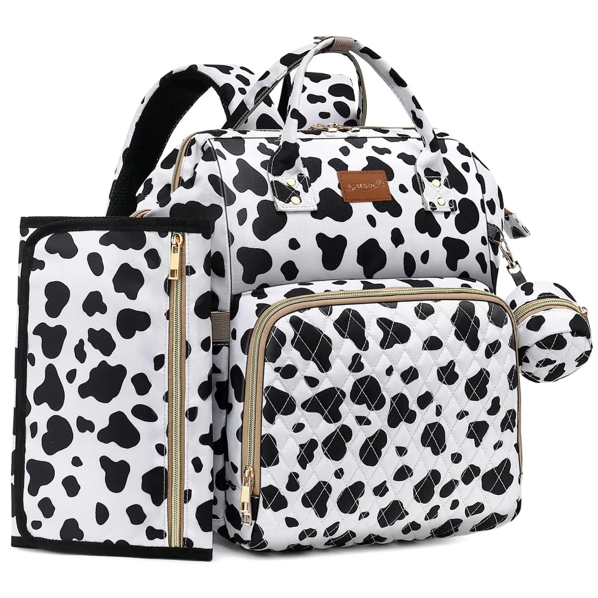 ROSEGIN Diaper Bag Backpack with Changing Pad, Pacifier Case, Baby Bag for Boy Girl Toddler - Large, Stylish, Waterproof Travel Quilted Diaper Bag for Mom - Baby Shower Registry - Cow Print