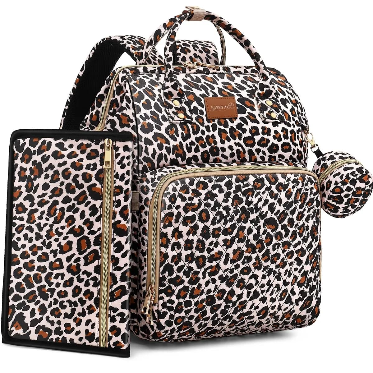 ROSEGIN Diaper Bag Backpack with Changing Pad & Pacifier Case, Large 35L Waterproof Travel Quilted Baby Bag for Mom & Dad - Black — Cheetah