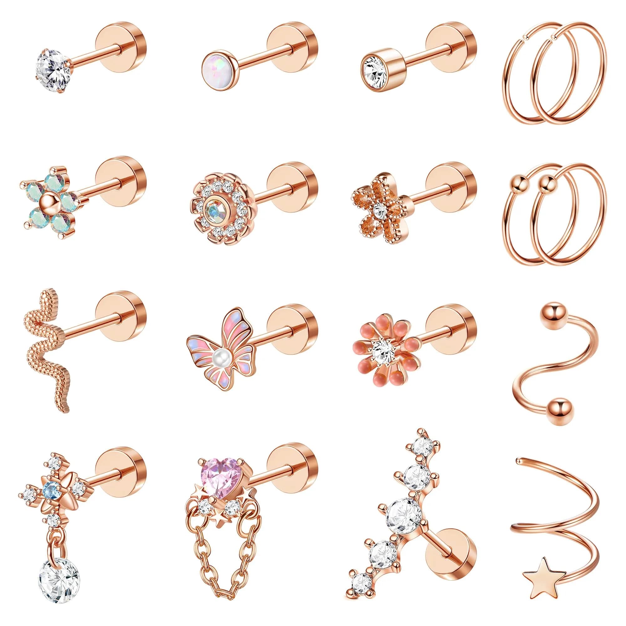 LOYALLOOK Cartilage Earring Stud for Women Opal Flat Back Rose Gold Tone | Minimalist Multi-Purpose Jewelry