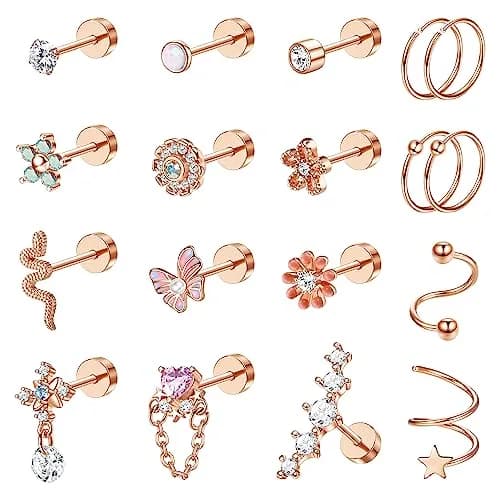 LOYALLOOK Cartilage Earring Stud for Women Opal Flat Back Rose Gold Tone | Minimalist Multi-Purpose Jewelry thumbnail 1