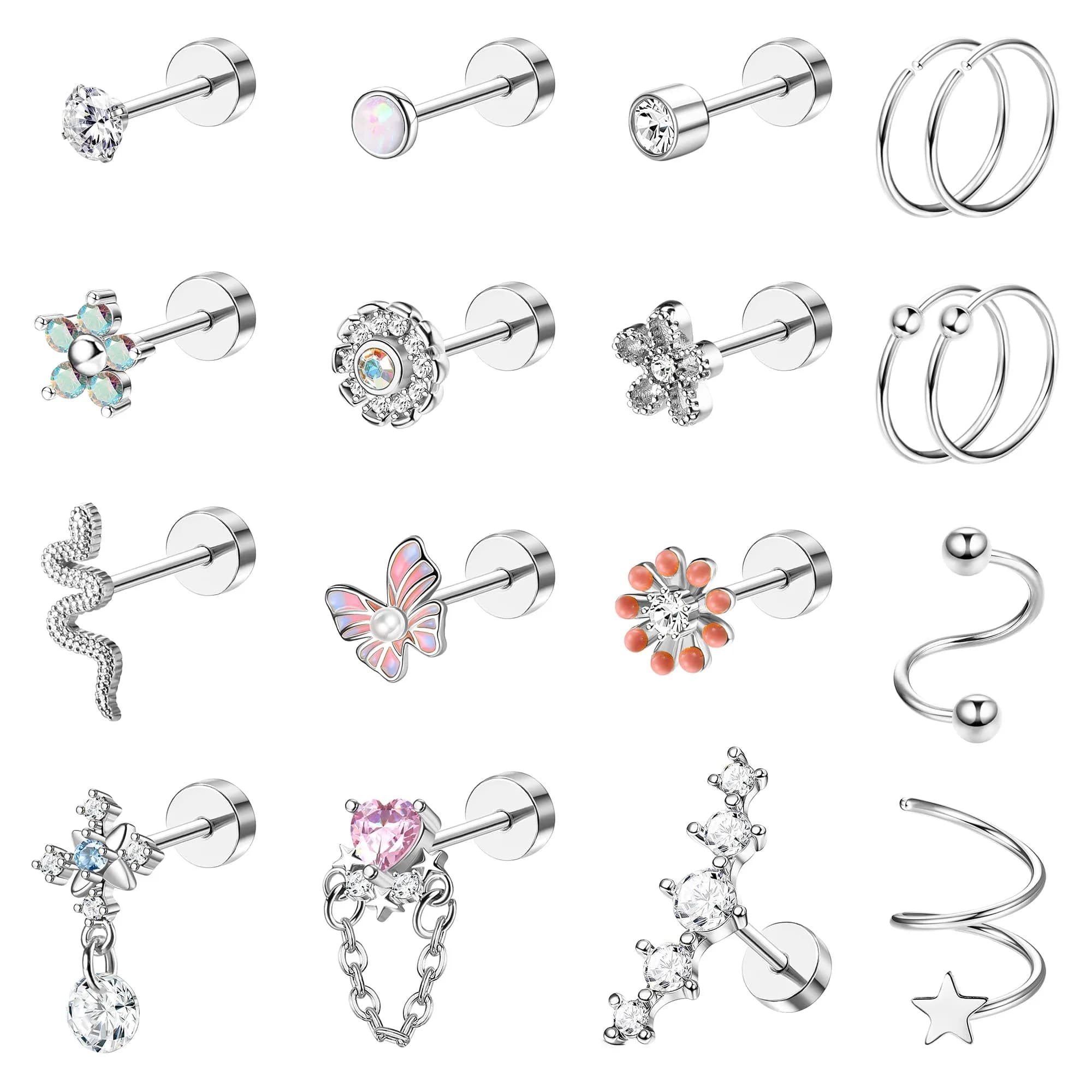 LOYALLOOK Cartilage Earring Stud for Women Opal Flat Back Rose Gold Tone | Minimalist Multi-Purpose Jewelry — Silver Tone