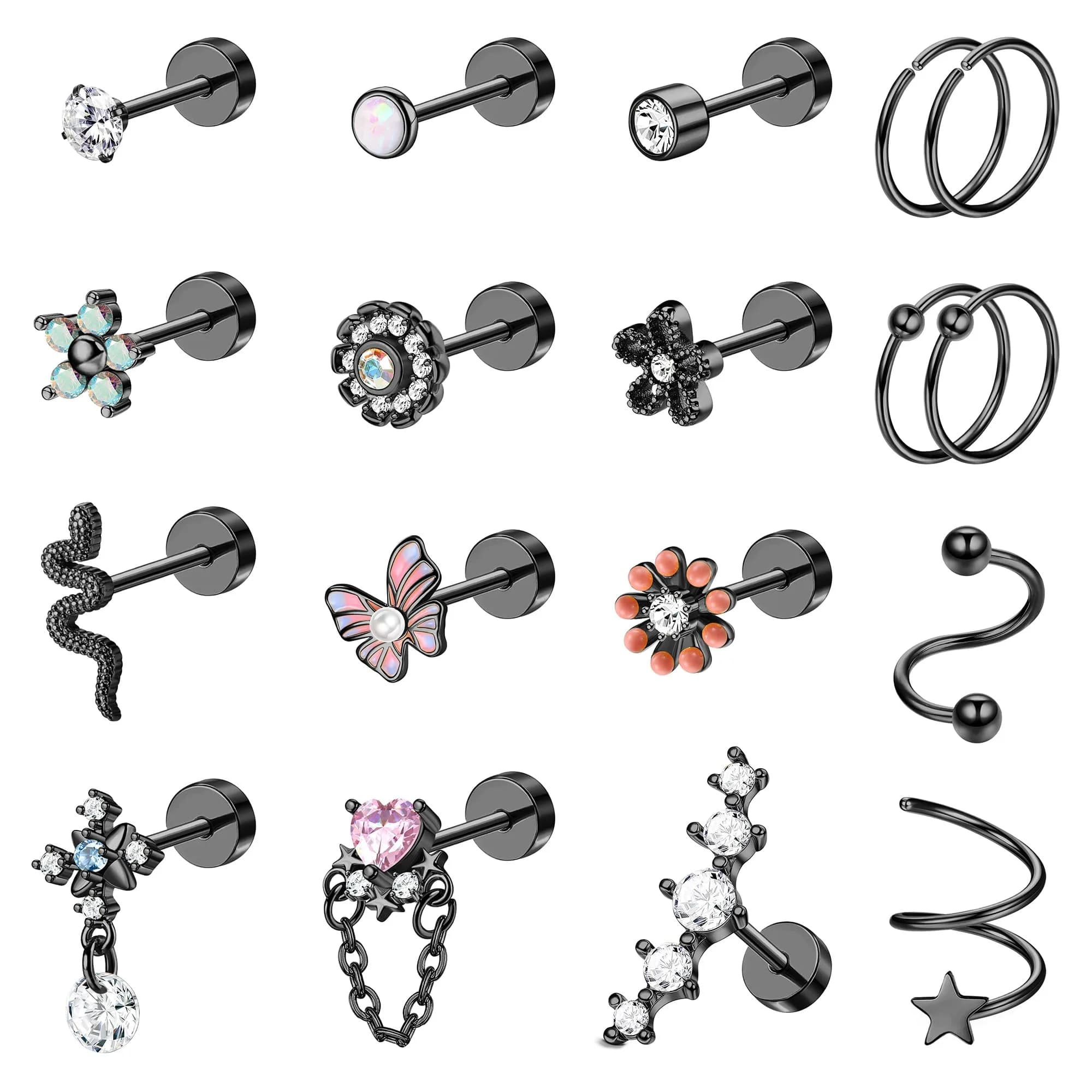 LOYALLOOK Cartilage Earring Stud for Women Opal Flat Back Rose Gold Tone | Minimalist Multi-Purpose Jewelry — Black Tone