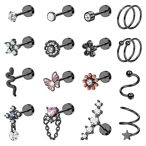 LOYALLOOK 18pcs Cartilage Earring Set Black Tone | Minimalist Look for Multiple Piercings thumbnail 1