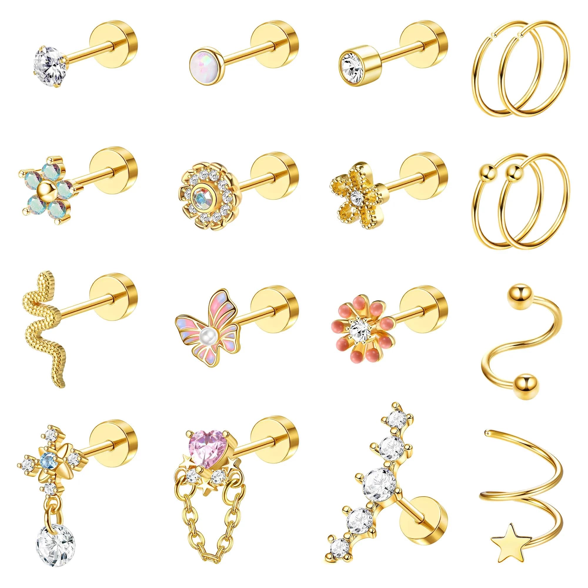 LOYALLOOK Cartilage Earring Stud for Women Opal Flat Back Rose Gold Tone | Minimalist Multi-Purpose Jewelry — Gold Tone