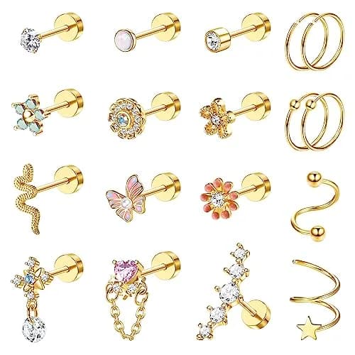 LOYALLOOK Cartilage Earring Stud for Women 14K Gold Plated Opal Flat Back Earrings | Multi-Purpose, Hypoallergenic, 8mm thumbnail 1