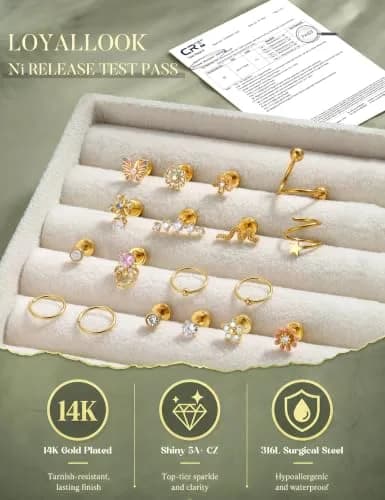 LOYALLOOK Cartilage Earring Stud for Women 14K Gold Plated Opal Flat Back Earrings | Multi-Purpose, Hypoallergenic, 8mm thumbnail 5