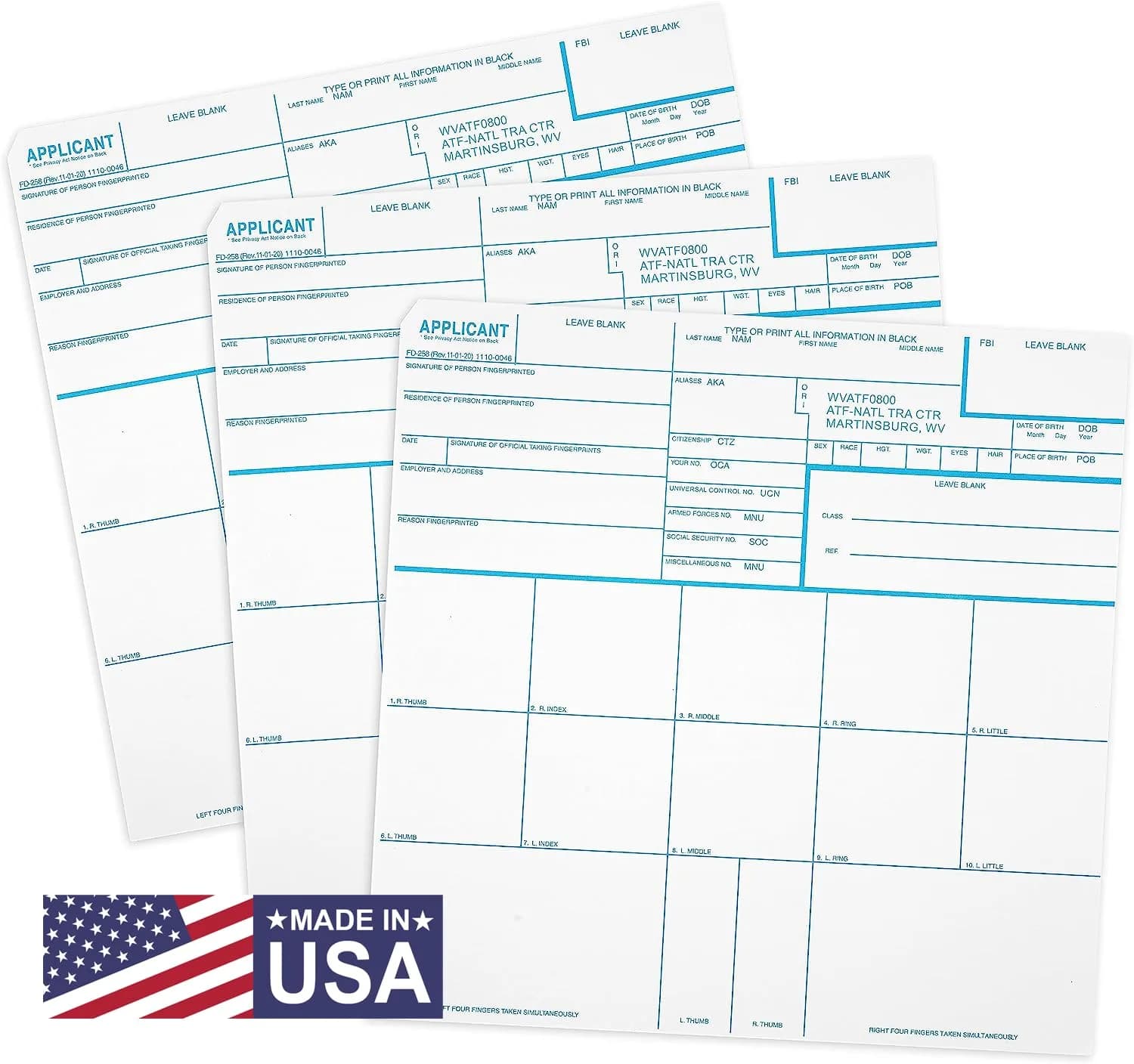 NATIONAL GUN TRUSTS FD-258 Fingerprint Cards 8'' x 8'' | Made in USA, 3 Pack, Version 11-1-20 - main product image