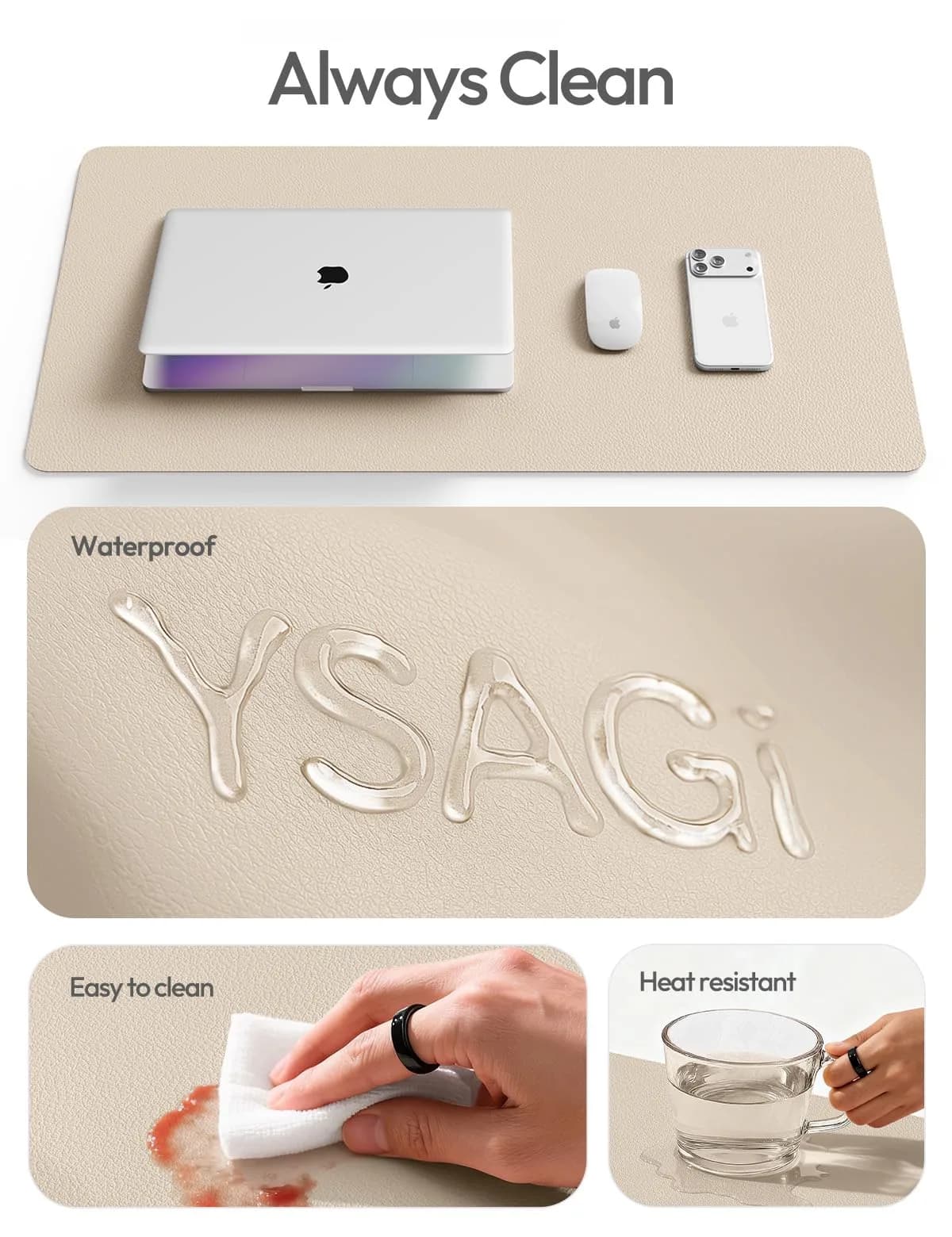 YSAGi PU Leather Desk Pad Protector, Large Mouse Pad, Eggshell (23.6" x 13.8" / 60cm x 35cm) thumbnail 7