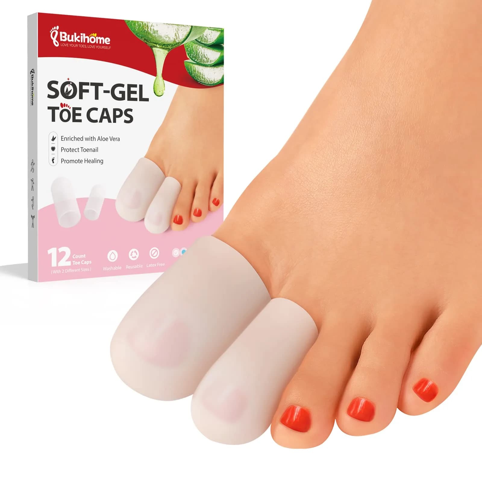 Bukihome Silicone Toe Protectors - 12 Pack Gel Toe Sleeves for Pain Relief & Protection (8L + 4S) | Aloe Vera & Essential Oils - main product image