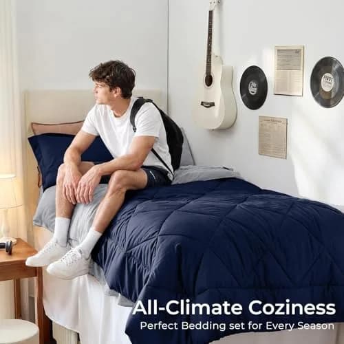 HEVUMYI 5-Piece Twin Comforter Set Navy Blue & Grey 173cm x 224cm (68" x 88") | Cloud-Like Microfiber Bedding for All Seasons thumbnail 4