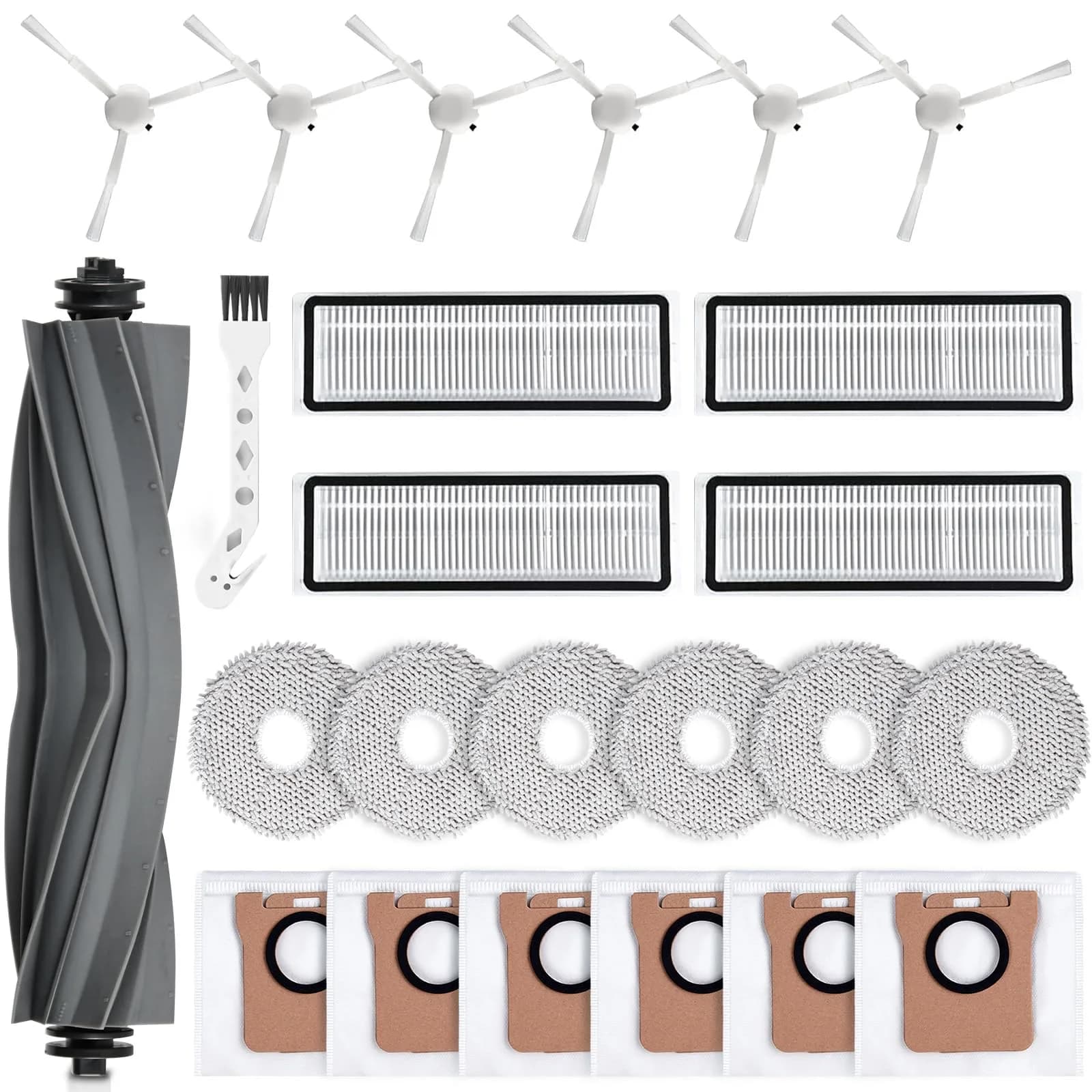 AnDongo 24-Piece Robot Vacuum Accessory Kit for Dreame L10s Ultra / L10 Ultra | 1 Main Brush, 4 HEPA Filters, 6 Sidebrushes, 6 Mop Pads, 6 Dust Bags, 1 Cleaning Brush - main product image
