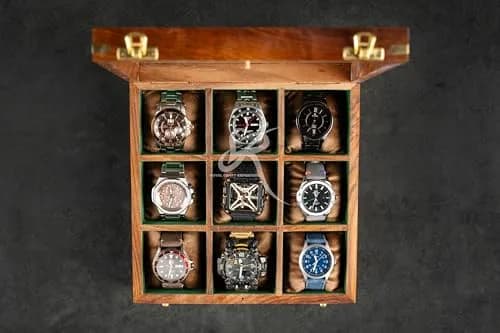 Royal Craft Expertise 9 Slot Handmade Wooden Watch Case | Indian Rosewood Timepiece Organizer with Glass Lid thumbnail 5