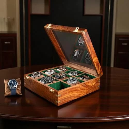 Royal Craft Expertise 9 Slot Handmade Wooden Watch Case | Indian Rosewood Timepiece Organizer with Glass Lid thumbnail 1