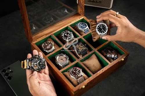 Royal Craft Expertise 9 Slot Handmade Wooden Watch Case | Indian Rosewood Timepiece Organizer with Glass Lid thumbnail 3