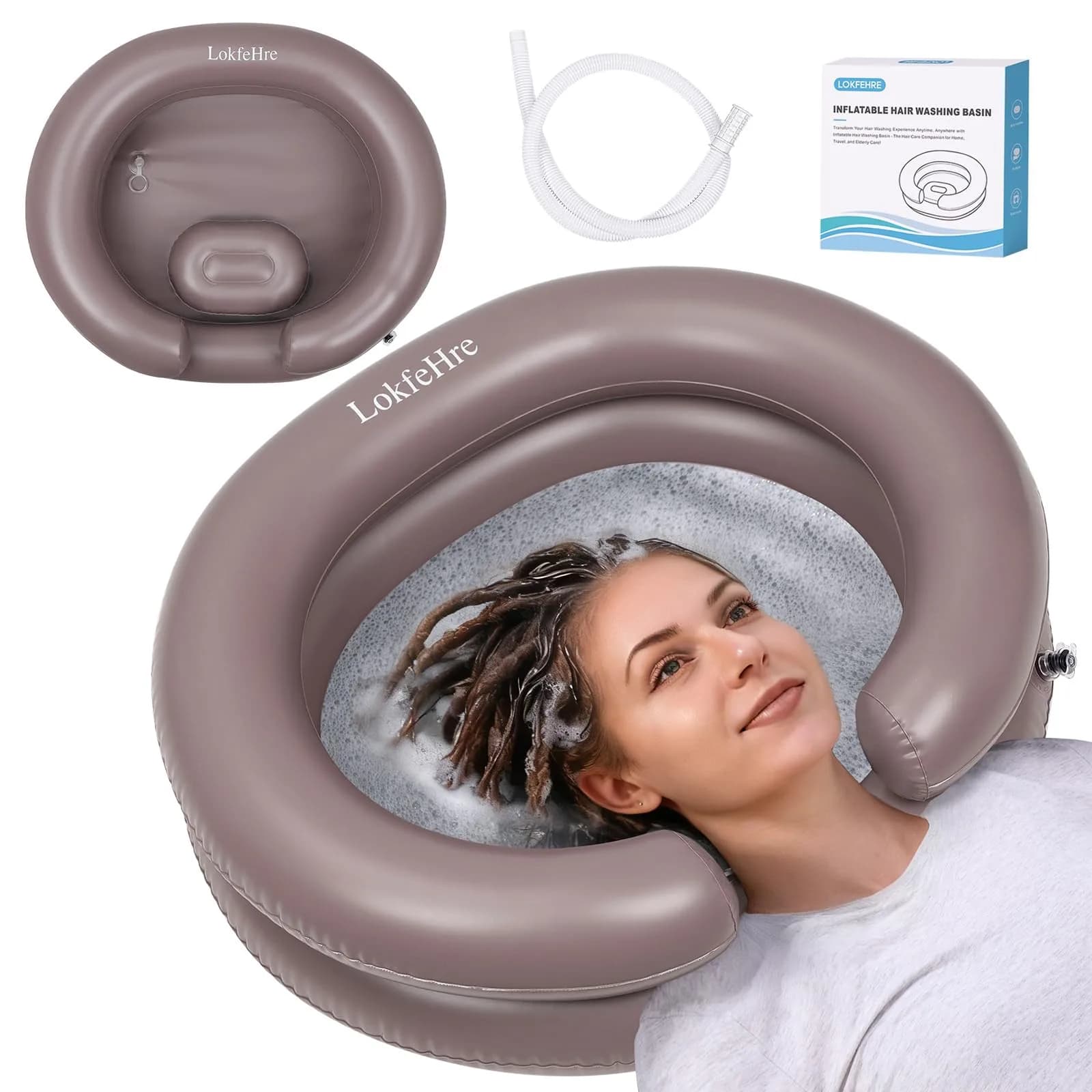 LOKFEHRE Inflatable Shampoo Basin with Pillow for Bedridden 26-inch Outer | 18-inch Inner Basin, Brown