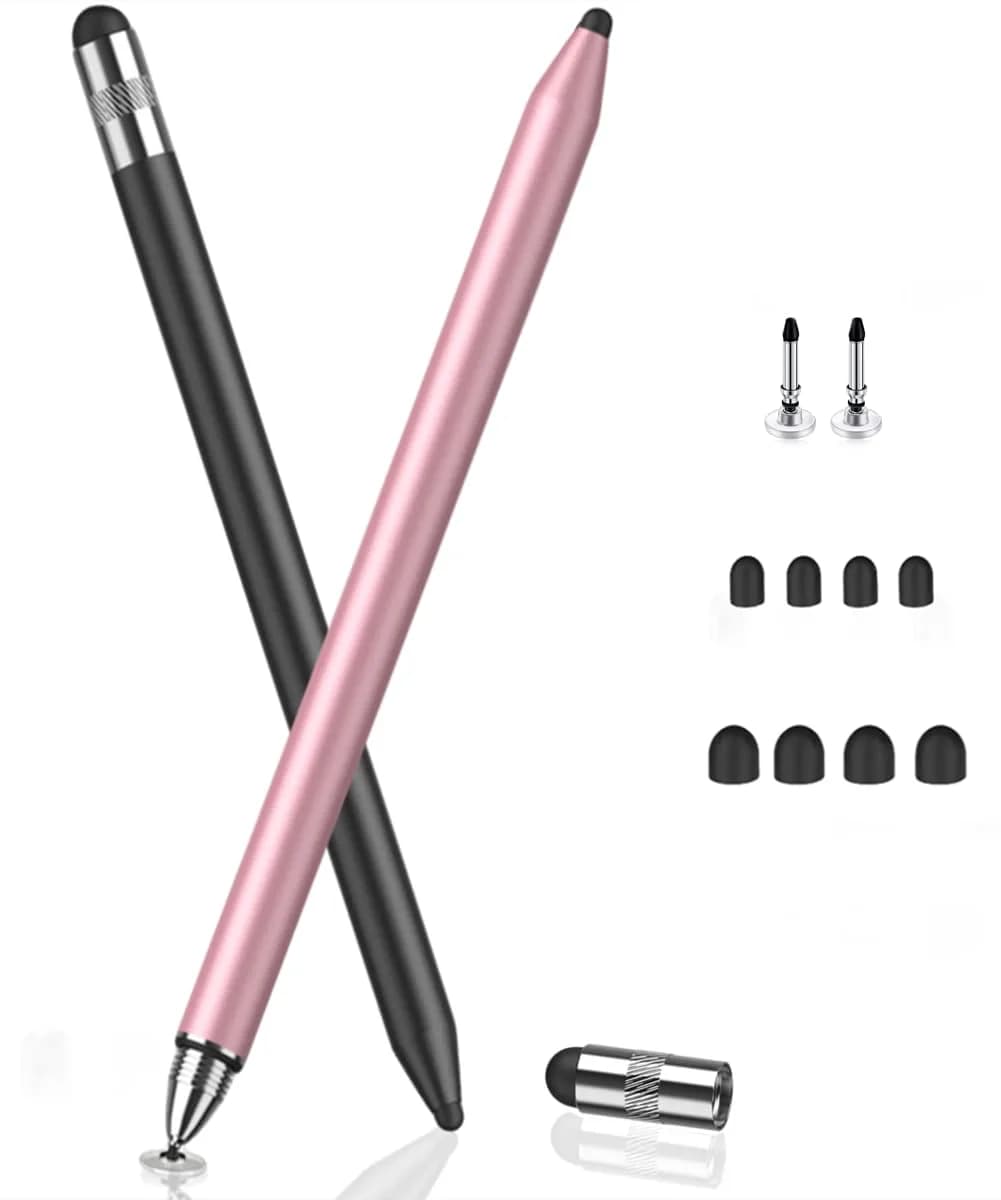 MEKO 3-in-1 Universal Stylus Pen for Touchscreens, 2-Pack Black/Rose Gold | Highly Sensitive Disc & Rubber Tips