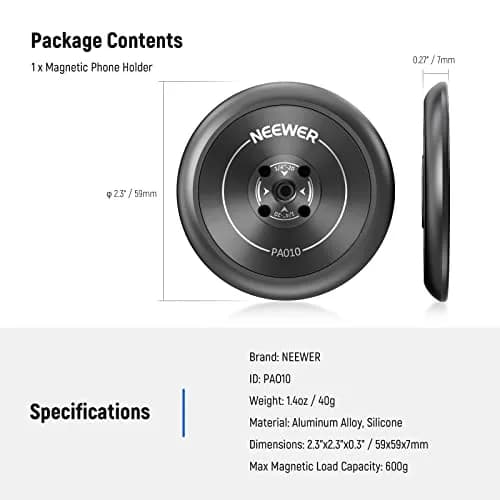 NEEWER Magnetic Phone Tripod Mount Adapter with 1/4" Holes & 600g Load Capacity | Black Aluminum Alloy thumbnail 8