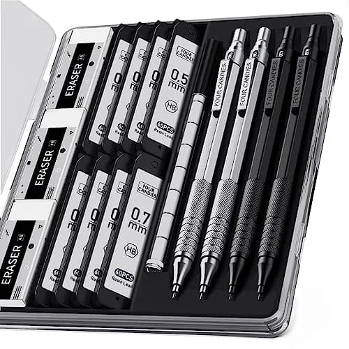 Four Candies Metal Mechanical Pencil Set 0.5mm & 0.7mm (4-Pack) | Smooth Writing, Anti-Skid Grip, Bulk Lead Refills thumbnail 1