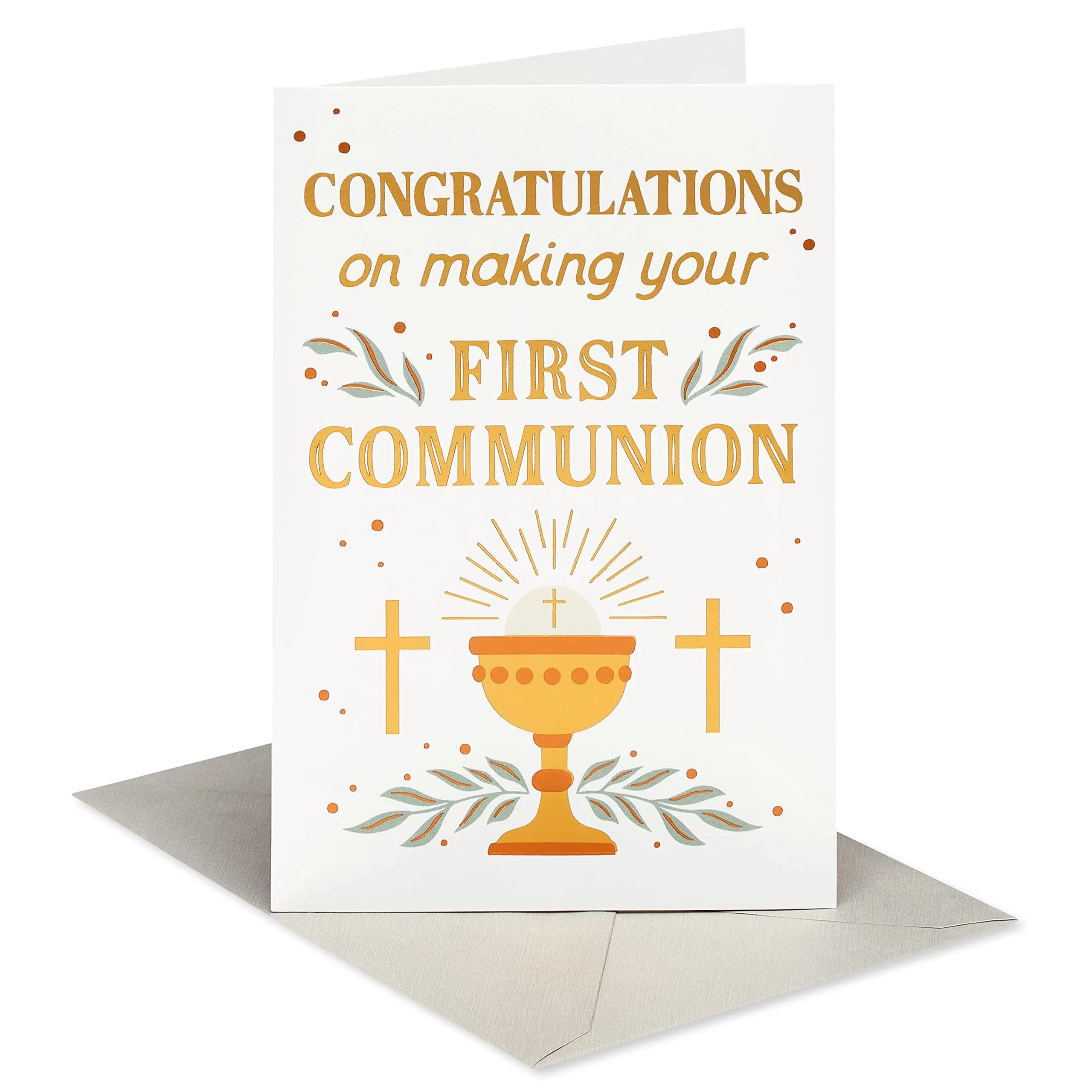 American Greetings First Communion Congratulations Card | Religious Chalice Design, Gold Foil Lettering, 4.625 x 6.75 in. - main product image