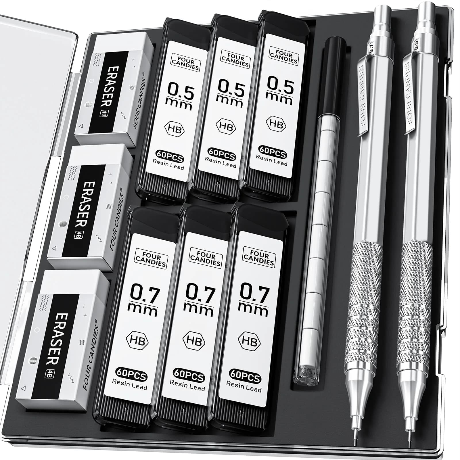 Four Candies Metal Mechanical Pencil Set 0.5mm & 0.7mm (4-Pack) | Smooth Writing, Anti-Skid Grip, Bulk Lead Refills — Silver (2PCS)