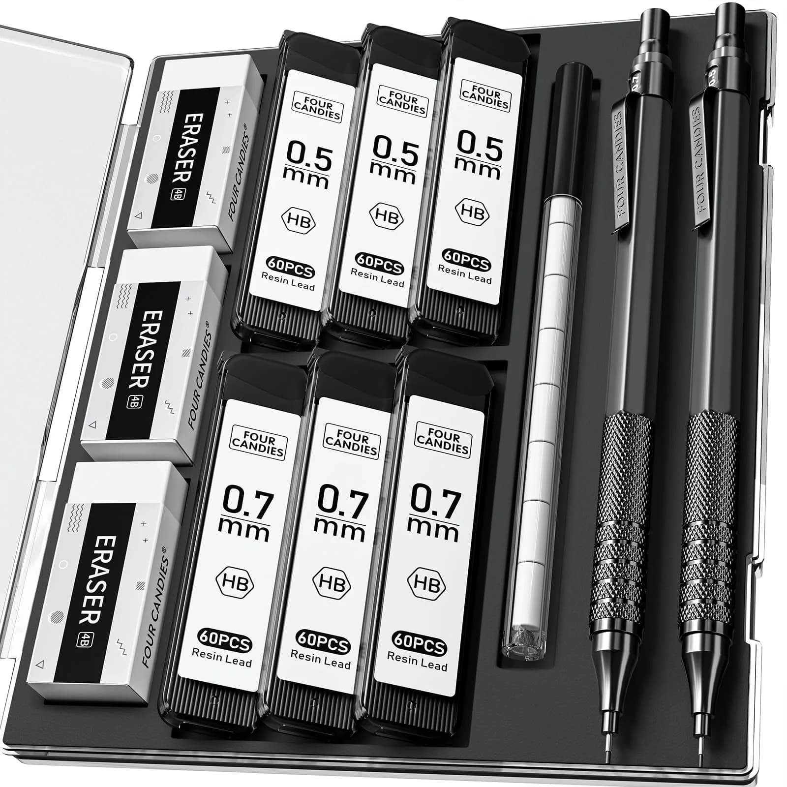 Four Candies Metal Mechanical Pencil Set 0.5mm & 0.7mm (4-Pack) | Smooth Writing, Anti-Skid Grip, Bulk Lead Refills — Black (2PCS)