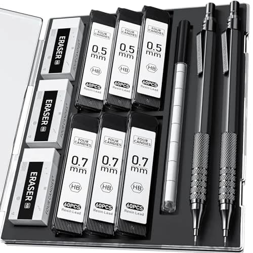 Four Candies Metal Mechanical Pencils Set 0.5mm & 0.7mm (2-Pack, Black) | Smooth Writing & Durable Leads thumbnail 1