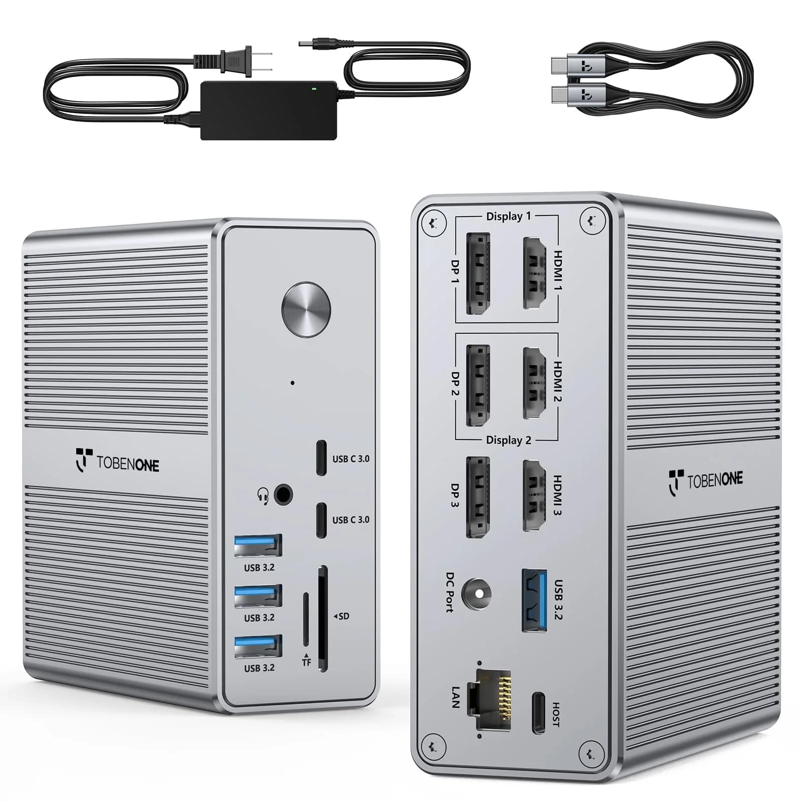Tobenone DisplayLink Docking Station 3 Monitors 18 Ports | Triple 4K@60Hz, 120W Power Adapter - main product image