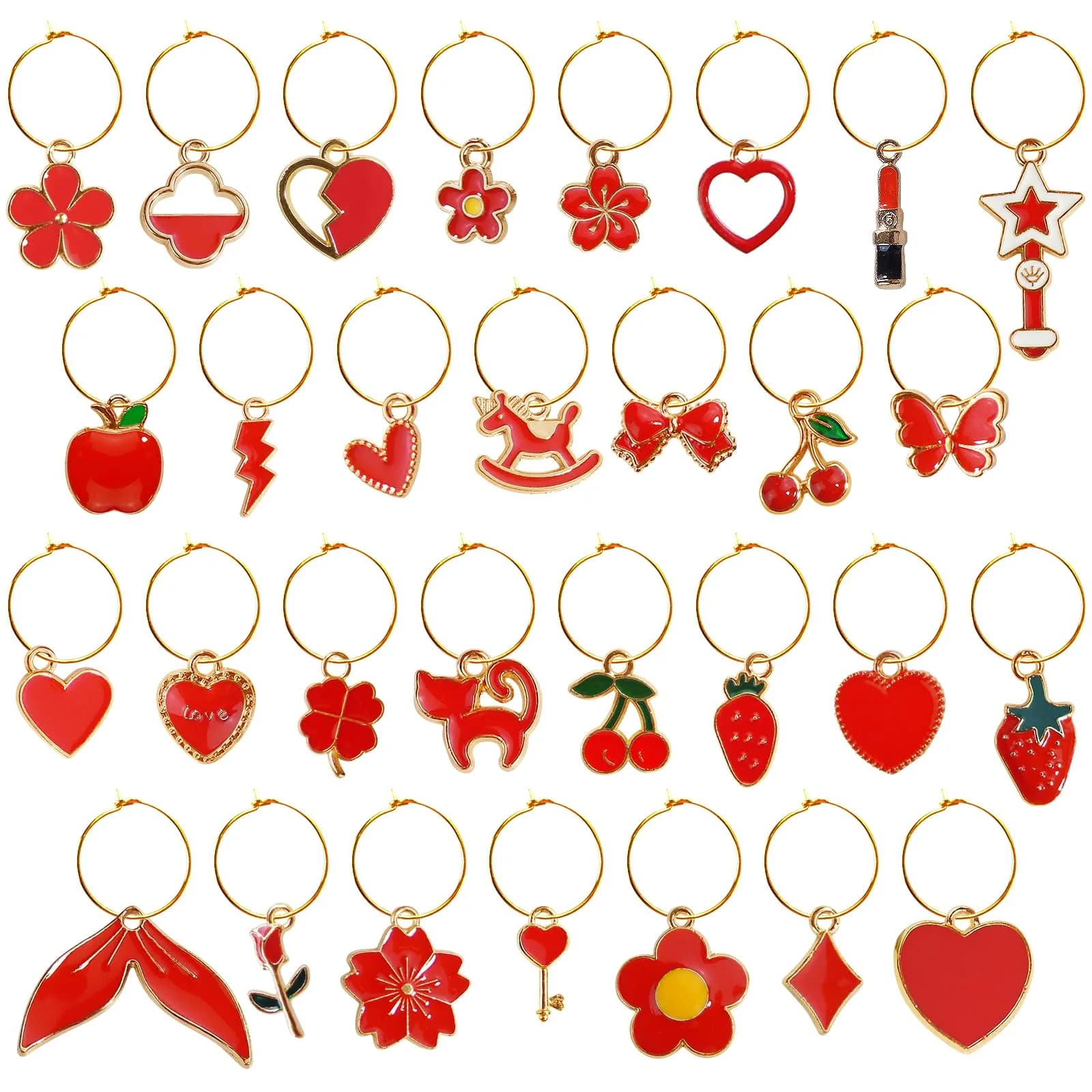 Macepason 24 Pieces Glass Charms & Markers | Assorted Designs for Parties & Holidays — Red