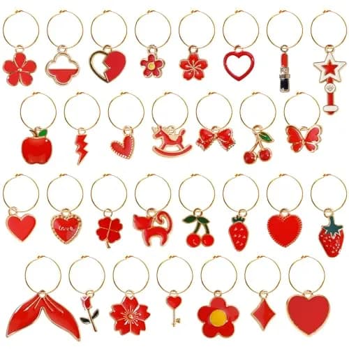 Macepason 30 Pieces Glass Charms & Markers | Red Festive & Versatile Wine Glass Identifier Drink Tags thumbnail 1