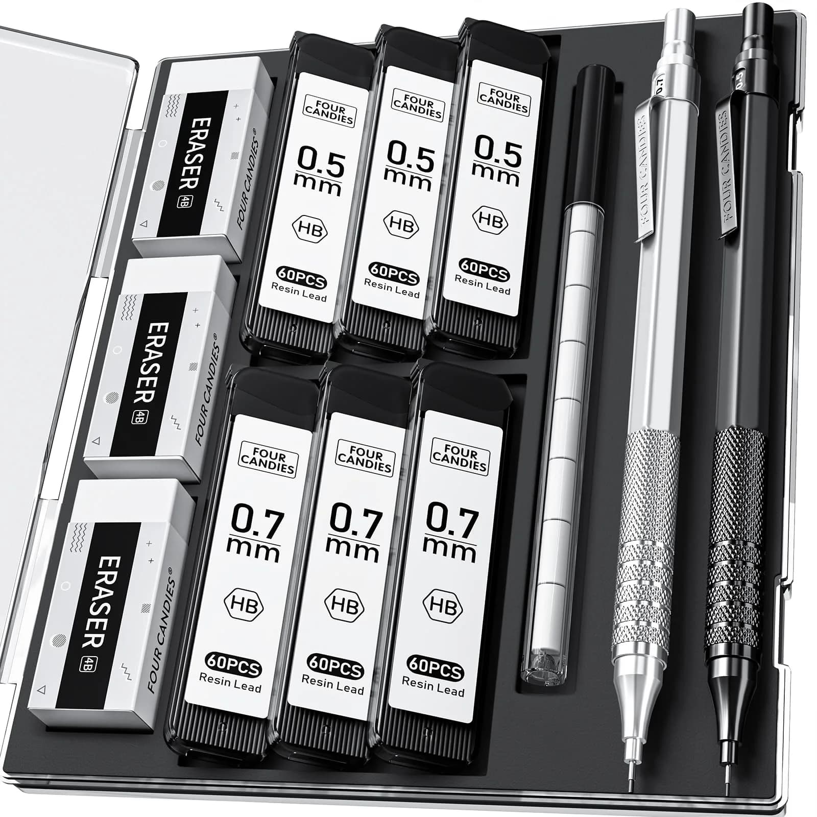 Four Candies Metal Mechanical Pencil Set 0.5mm & 0.7mm | Smooth Writing, Anti-Skid Grip, 360 Lead Refills - main product image